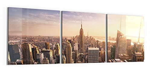 DEQORI Glasbilder Echtglas | Motiv New York City Skyline | horizontal 3-teilig 150x50 cm | große XXL Deko | Wandbilder für Wohnzimmer, Schlafzimmer, Flur & Küche | moderne Wanddeko