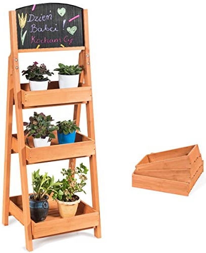 FLBT 3-stöckiger Pflanzenständer aus Holz, Leiter-Blumenregal mit Tafel und abnehmbaren Tabletts, Indoor-Outdoor-Blumentopf-Organizer-Halter-Rack für Wohnzimmer, Terrasse, Balkon, Garten, Hinterhof