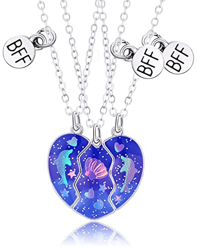 Cosysparks Freundschaftsketten für 3, 3 Pcs Beste Freunde Kette 3 Schwestern Halskette Bff Ketten für 3 Mädchen Kette Herz Anhänger Schmuck Geschenk für Mädchen (blau)