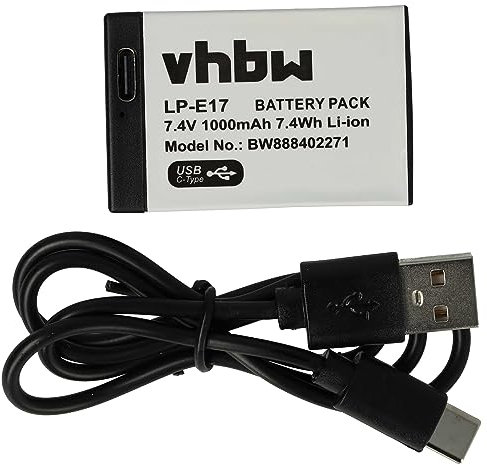 vhbw Battery compatible with Canon EOS R100 Camera DSLR (1000mAh, 7.4 V, Li-ion), + USB-C Socket