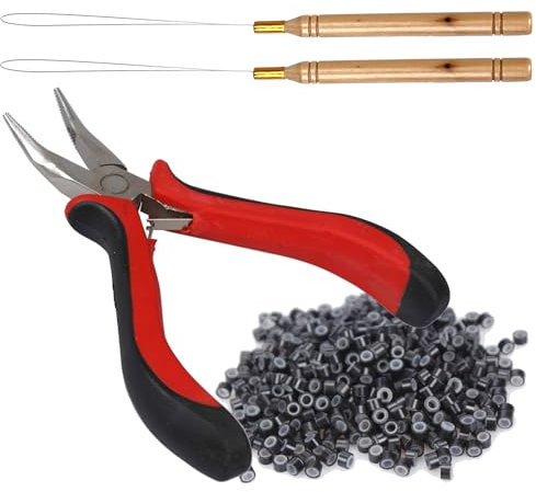 Hair Extensions Tools Kit,Professional Tools With Hair Extension Pliers,Loop Threader and 500 PCS Silicone Line Nano Brown Beads for Extending Hair Wearing Feather Accessories Barber (Dark Brown)