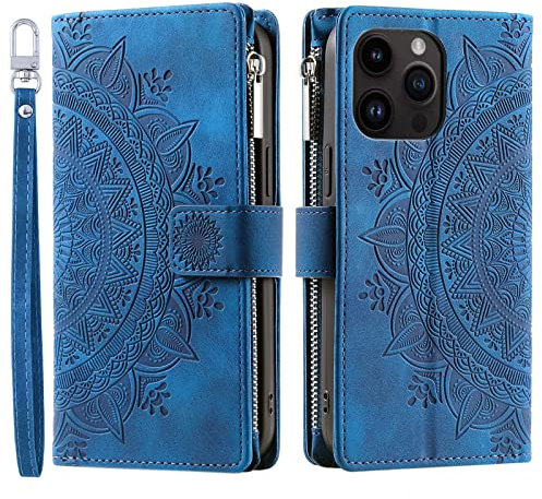 VEEMOS Handyhülle für iPhone 15 Pro Max hülle Klappbar Blumen Handytasche Schutzhülle Klapphülle mit Kartenfach Handy Tasche Book Cover Flip Case Ständer - Blau