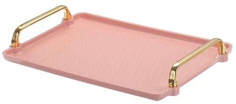 PATIKIL Plateau de Service en Plastique avec Poignée Dorée Réutilisable, 12,2 x 7,9 Plateau Rectangulaire Moderne et Décoratif pour Bijoux pour Comptoir, Salle de Bain, Cuisine, Rose