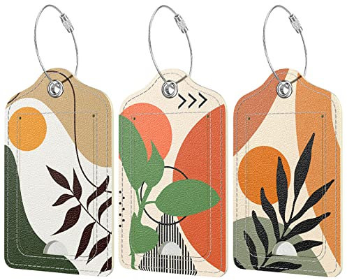 Hnogri Lot de 3 étiquettes à bagages en cuir synthétique pour valise, voyage de croisière avec rabat d'intimité, étiquette d'identification et boucle en métal pour sac à main sac à dos d'école plante