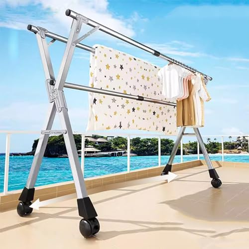 EUPXRHY Wäscheständer mit Rollen, Teleskop Wäschehänger, XXL Foldable Clothes Drying Rack mit Schuhtrockner, Größere Verdickter Edelstahl Wäschständer fur Indoor & Outdoor,Without Shoe Support,160cm