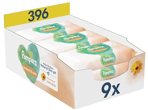 Pampers Harmonie Protect & Care Plastic-Free Baby Wipes, Help restore natural skin pH, 9 Packs of 44 Wet-Wipes (396 total)