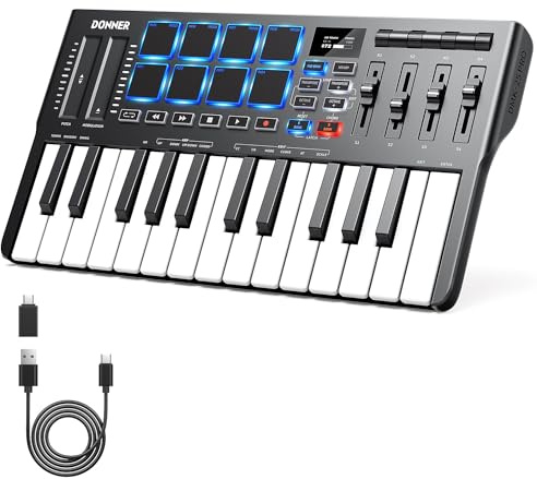Donner DMK25 Pro - Controlador de teclado MIDI, 25 teclas mini teclado portátil USB-C MIDI con 8 almohadillas de batería, pantalla OLED, barra táctil personalizada, software de producción musical y 40