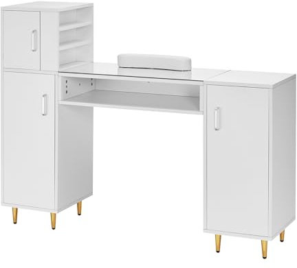 VEVOR Table de manucure, Bureau à Ongles Dessus en Verre, Station de Maquillage armoires de Rangement à l'acétone pour Salon de beauté, Station de Travail avec 8 Pieds en métal, Repose-Poignet, Blanc
