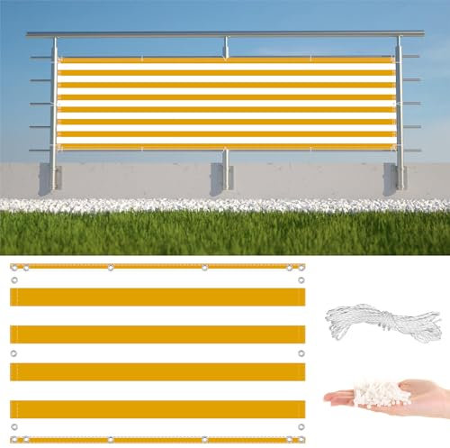 AYLFBFU Sichtschutz Balkon 0.9 x 9m HDPE Gewebe, UV-Schutz, Wetterfest, Balkonbespannung Zaunblende für Garten Balkon Terrasse, mit Ösen, Nylon Kabelbinder und Kordel, Gelb Gestreift