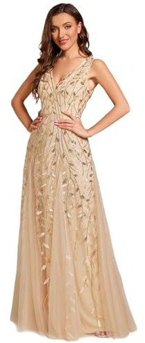 Ever-Pretty Abendkleider Langes Netz Pailletten V-Ausschnitt Hochzeitskleider Brautjungfernkleider Gästekleider Gold 42