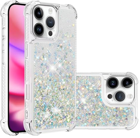IMEIKONST Glitzer Hülle für iPhone 16 Pro Handyhülle Flüssig Treibsand Schuzhülle Bling Giltter klar Frauen Stoßfest TPU Bumper Silikon Case für iPhone 16 Pro. Love Silver YBW