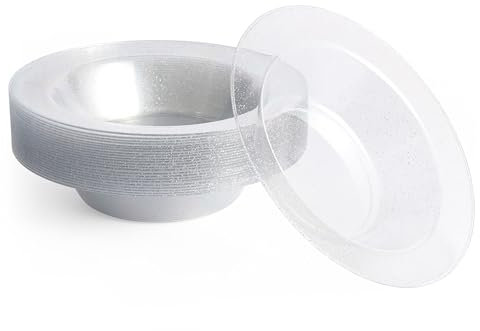 Matana - 25 Ciotole in Plastica Rigida Trasparente con Glitter Argentati, 360ml - Piatti Fondi per Matrimoni, Compleanni, Battesimi, Natale, Barbecue, Feste - Resistenti e Riutilizzabili