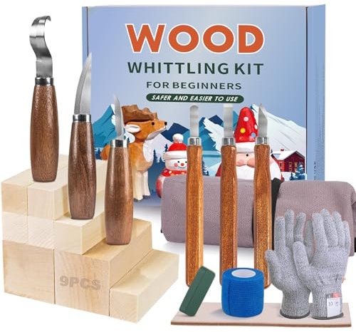 Wood Carving Tools Kit 21PCS Wood Whittling Kit for Kids and Adults Beginners,6PCS Whittling Knife and 9PCS Basswood Carving Blocks, Gloves, Roll Bag,Sharpener Durable Wood Carving Tools Kit