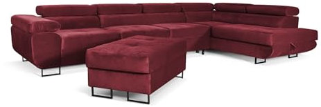 SOFILAND Aller Lang XL Modernes Design Ecksofa mit Schlaffunktion, Bettkasten in Ottomane, Hocker mit Stauraum – Tierfreundlicher Waterproof-Welvet, inkl. 2 runde Kissen, Ottomane rechts. (Rot)
