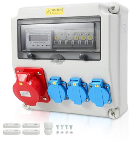 Daromigo Wandverteiler Baustromverteiler, Stromzähler 3-Phasen und MCB, 3xSchuko-Steckdose16A 230V, 1xCEE Steckdosen 32A 5 polig, Steckdosen Sicherheitsklappdeckeln, für Baustelle