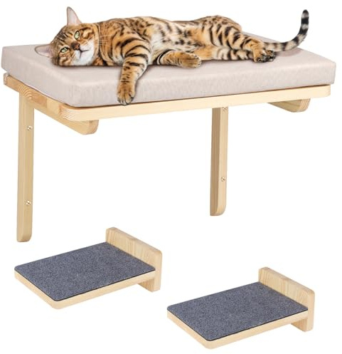 Kletterwand für Katzen – Wandregal innen mit 2 Stufen und Hängematte, 3-teilig (a)