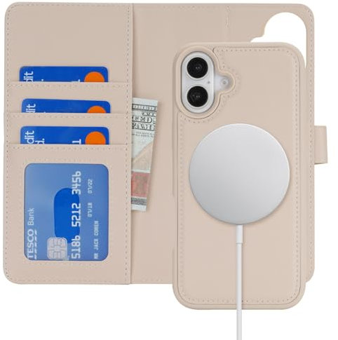 Zouzt Case for iPhone 16 6.1 Inch, 2 in 1 Detachable Wallet with Card Holder for MagSafe Magnetic Wireless Charging Premium PU Leather Flip Folio Kickstand Shockproof Cover Women Men, Beige
