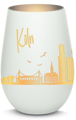 Gravur-Max Windlicht mit 360° Gravur Skyline Köln Deko Glaslicht als tolles Geschenk mit Einer hochwertigen Lasergravur zu jedem Anlass in der Farbe Weiß/Silber