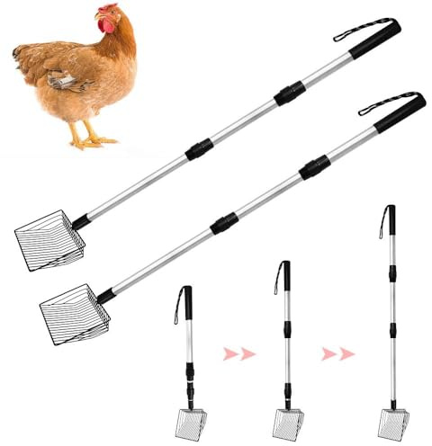 Zuxbolf 2 Pièces Pelles à Fiente Poules, Réglable 57 cm à 105,5 cm Pelle Litière Poule, Pelle Nettoyage Poulailler 3 Longueurs Réglables, Accessoire de Nettoyage pour Poulailler, Chien, Chat