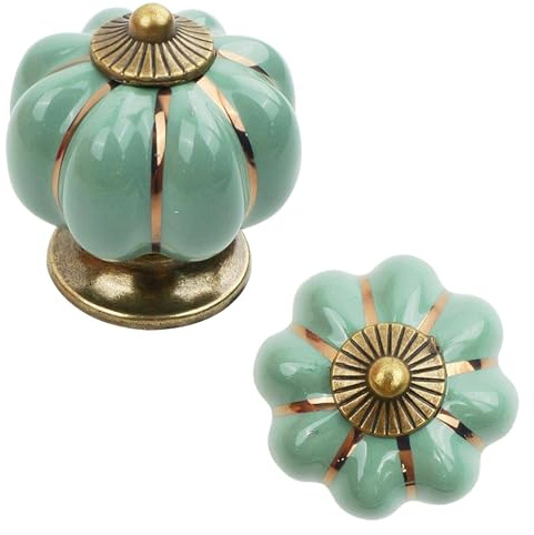 keypak 10 Pack Pumpkin Cabinet Door Knobs 41mm Green & Antique Brass | Vintage Style Drawer & Cupboard Handles for Kitchen and Bedroom Furniture