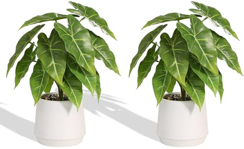 LUWENER 2 Pack Fake plants in White Pot 13 Artificial plants | For Home Decor, Faux plants with pot for Bathroom, Office, Room Decoration, 2 pack, Sea taro leaves