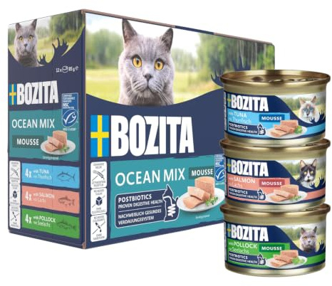 Bozita Mousse Ocean Mix – 12 × 85 g våtfoder för katter med tonfisk, lax eller sej – spannmålsfritt, utan socker & färgämnen – med postbiotika för en hälsosam tarmflora