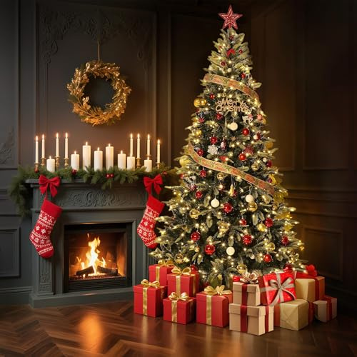 7.5Ft/230Cm Pre-Lit Artificial Christmas Tree, Green Xmas Tree with 450 Warm White LED Lights, Metal Stand & 1531 PE/PVC Branch Tips for Home Holiday Party Decorations