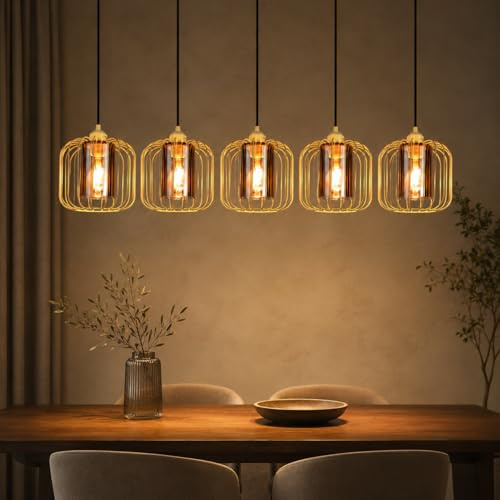 CBJKTX Pendelleuchte Esstisch Hängeleuchte Rauchgrauglas Vintage 100CM | Hängelampe 5 Flammig Esstischlampe Höhenverstellbar E27 Retro Gold Metall Esszimmerlampe für Küche (ohne Leuchtmittel)