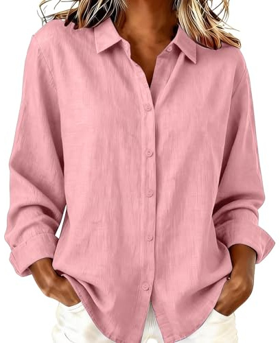 Chemise en coton et lin pour femme - Manches longues - Col boutonné sur le devant - Couleur unie - Coupe ample - Respirant et confortable - Chemisier décontracté pour le printemps et l'automne