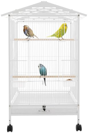Große Vogelvoliere mit Öffnungsdach & 4 Rollen, Papageienkäfig aus Metall 46x46x86cm für Wellensittiche, Kanarienvögel, Unzertrennliche - Weiß