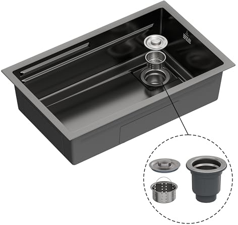 Gasfrit Fregadero de Cocina Negro, Acero Inoxidable 304, 1 Seno, Sobre Encimera, con Orificio Grifo 35 mm y Dispensador (70 x 44 cm)