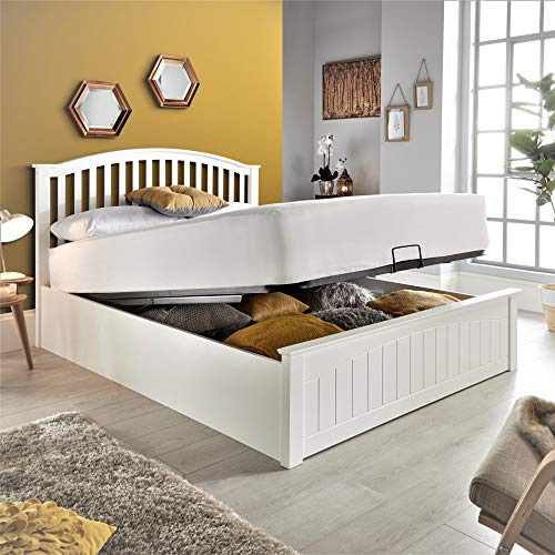 White Wooden Ottoman Bed, Happy Beds Grayson Storage Bed - 4ft6 Double (135 x 190 cm) Frame Only