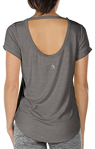 icyzone Damen Yoga T-Shirt Rückenfrei Sport Freizeit Tops Kurzarm Oberteile Loose Casual V-Ausschnitt Shirt (L, Dunkelgrau)