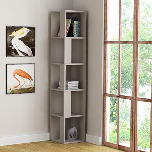 HOCUS PICUS | Modern Piano Eck-Bücherregal mit 5 Ebenen | Platzsparendes Holzregal für Wohnzimmer, Büro und Schlafzimmer | 31,4 x 31,4 x 158,9 cm | Helles Moka