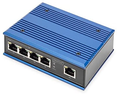DIGITUS Switch di Rete - Gigabit Ethernet 5 Porte - Montaggio su DIN Rail - Morsettiera - Senza ventole - Nero/Blu