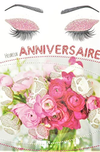 Glückwunschkarte zum Geburtstag mit Pailletten, für Damen, die nach einem Blumenstrauß mit rosa und weißen Blumen, Make-up, hergestellt in Frankreich