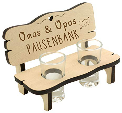 Spruchreif · Schnapsbank mit Gravur Pausenbank für Oma und Opa · Kleine Holzbank mit 2 Schnapsgläsern · Geschenkidee für Großeltern · Schnaps Geschenk Großeltern