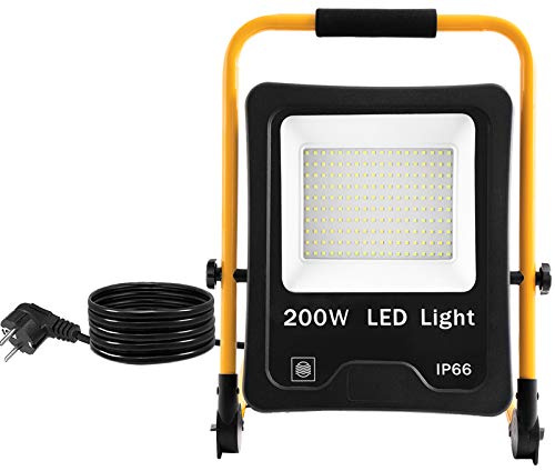 Aufun 200W LED Strahler Tragbar mit Stecker, LED Baustrahler mit 3m Netzkabel, Baulampe mit Klappbügel einstellbar Fluter Flutlicht, IP66 Wasserdicht für Baustelle, Werkstatt, Garage, Warmweiß