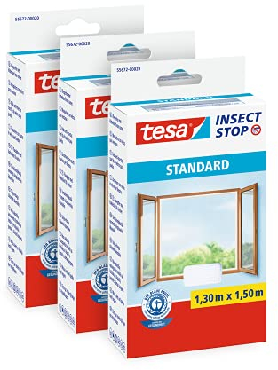 tesa Insect Stop Standard Fliegengitter für Fenster im 3er Pack - Insektenschutz zuschneidbar - Mückenschutz ohne Bohren - 3 x Fliegen Netz - 130 cm x 150 cm - Weiß