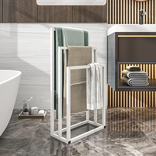 BOFENG Porte-serviettes sur pied avec 3 niveaux pour serviettes de bain, gants de toilette, porte-serviettes moderne avec finition résistante à la rouille, pour salle de bain, vêtements (blanc)