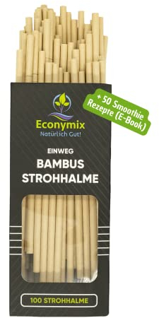 EcoAB - 100 Bambus Strohhalme Knickbar Einweg - Umweltfreundliche Trinkhalme aus Bambusfasern für Party, Cocktails, Smoothies [+50 SMOOTHIE REZEPTE] - Nachhaltige Alternative ohne Plastik - 19.5 cm