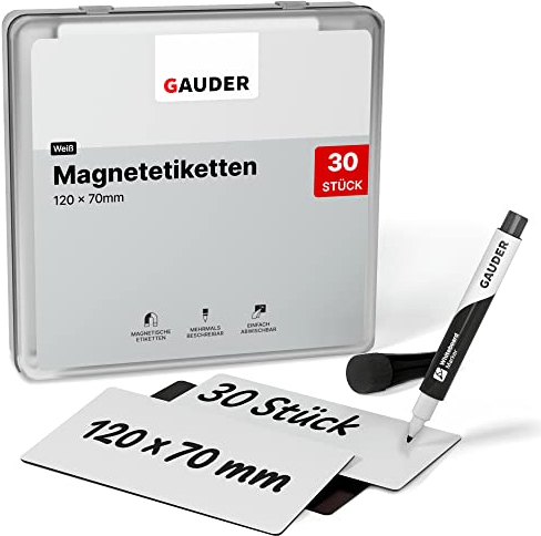 GAUDER Magnetetiketten beschreibbar - Wiederverwendbare Magnetschilder zum Beschriften für Whiteboard, Tafel, Kanban-Board und Kühlschrank - Magnetkarten mit Marker (30 Stück - 120 x 70 mm)