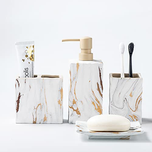 RQYIXI Badezimmer-Zubehör-Set, 4-teilig, Marmor-Optik, Zahnbürstenhalter, Seifenspender, Arbeitsplatte, Keramik, Badezimmer-Dekor-Set, Gold