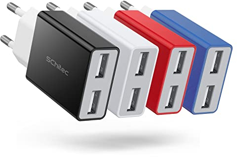 SCHITEC Chargeur 2 Ports, 4 Pack 5V / 2.1A Mini USB Adaptateur Secteur Mural Universel Compatible avec iPhone XS/XR, Huawei P30 P20, Samsung Galaxy Note S9 Tablette