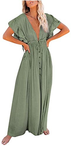 Summer Dresses for Women Casual Beach Blouse Drawstring Sun Protection Shirt Long Skirt T Shirt Loose Comfy Boho Sundress Party Green
