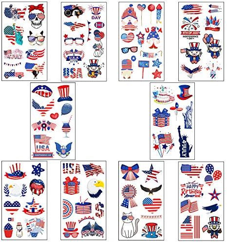 10 Sheet Independence Temporary Tattoos, Red White Blue Party Supplies Patriotic Stickers 4th of July Tattoos with American Flag for Kids Adults Memorial Day Independence Day US Party Decorations