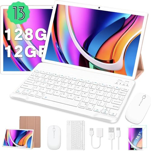 JUSYEA 2024 Newest Tablet 10 Pollici Android 13 Tablets PC 12GB RAM + 128GB ROM (1TB TF) Cores 2.0Ghz, WiFi 5G+2.4G, BT5.0, Batteria 8000mAh, 8MP+5MP, con Custodia, Tastiera e Mouse, Dorado