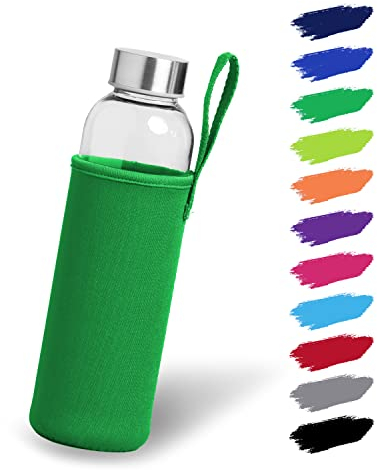 NOMA Botella de cristal de 0,5 l con funda de neopreno, botella de cristal en 500 ml, 600 ml y 1000 ml con funda protectora y tapa de acero inoxidable, botella de agua para deportes, oficina, escuela