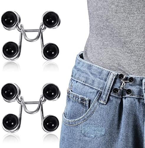 KINBOM 2 Sets Verstellbar Taillenschnallen Verlängerung für Jeans, Abnehmbar Jeans Knopf Ohne Nähen Perlendesign Stifte für Lockere Jeans Hosen Taillenverlängerung Knöpf für Instant Button (Schwarz)