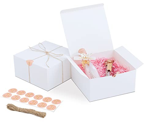 YUEFANBOX 12 Pack White Gift Boxes, 8x8x4in, with Lids, 80ft Twine, Stickers & Tape, Easy Assemble for Bridesmaid Proposal, Wedding, Party Favors